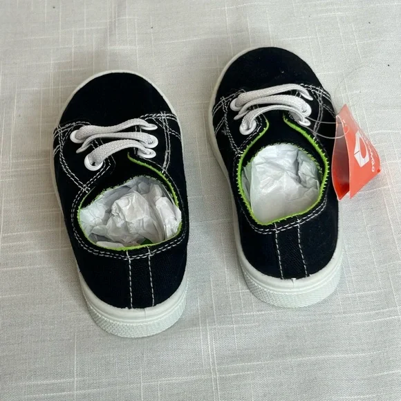 Oomphies NWT Toddlers Tennis Shoe Size 5 1/2” Length. Black with Neon Green - Picture 8 of 10